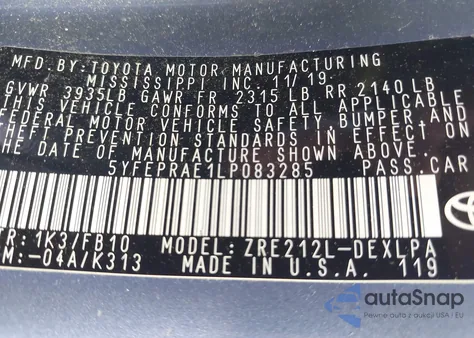 2020 Toyota Corolla Le from USA, damaged, VIN 5YFEPRAE1LP083285